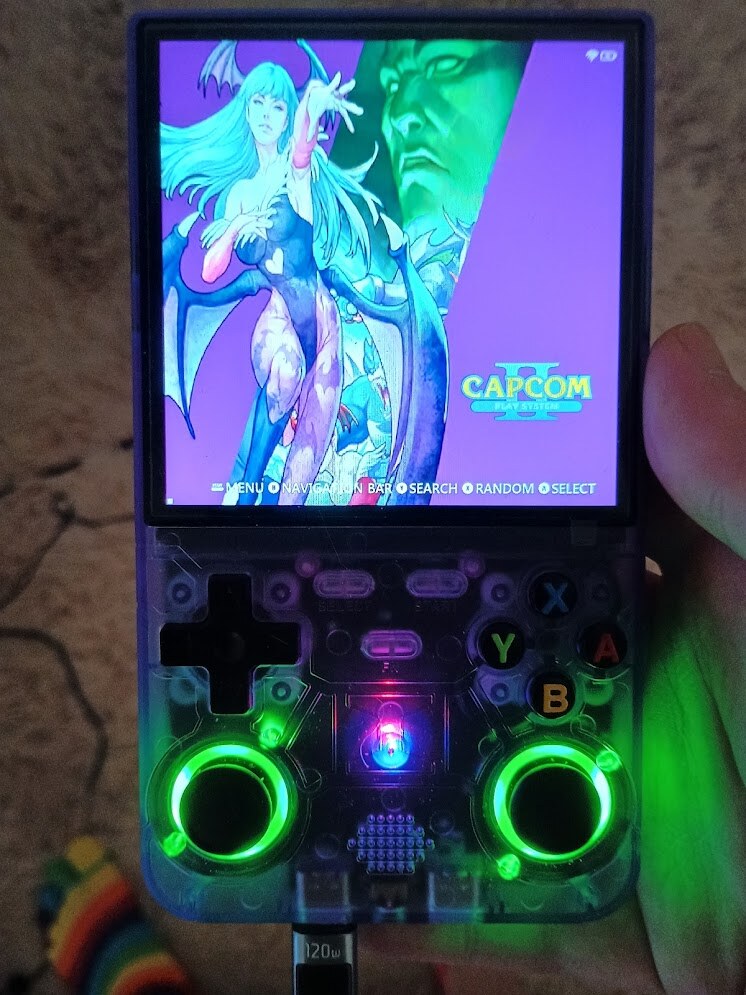 Front of a translucent purple R36 Ultra running Capcom Arcade System.