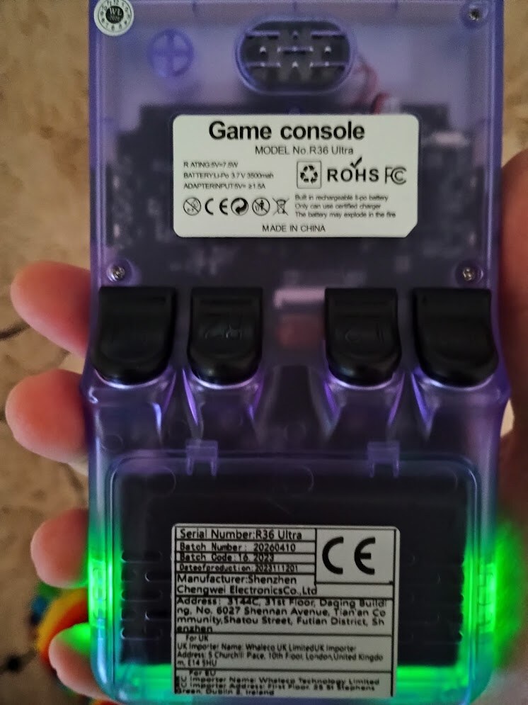 Back of the translucent purple R36 Ultra showing the model labels.