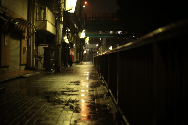 Empty wet walkway beside a railing leading toward distant bridge lights